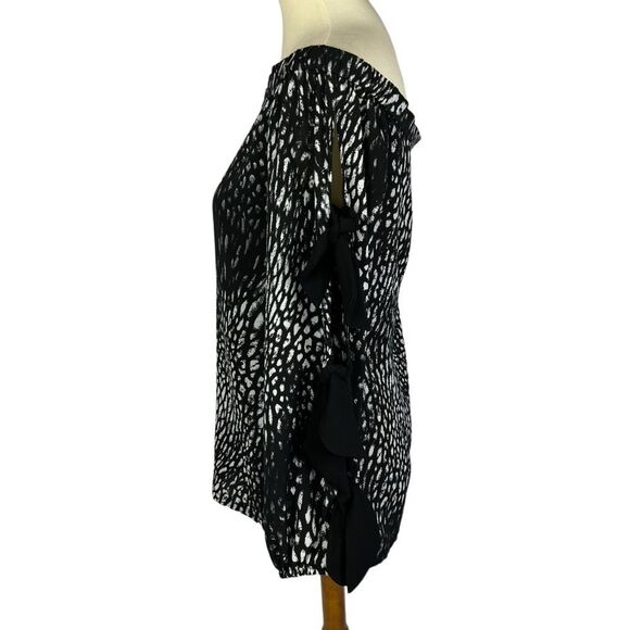 Alberto Makali Black White Animal Print Slit Long Sleeve Bow Accent Top Medium - Picture 3 of 11